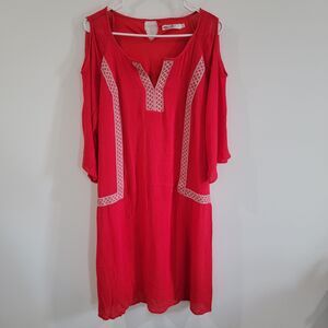 Womens Knee Length Cold Shoulder Dress Size 3X Red White Embroidered Gauze Boho‎
